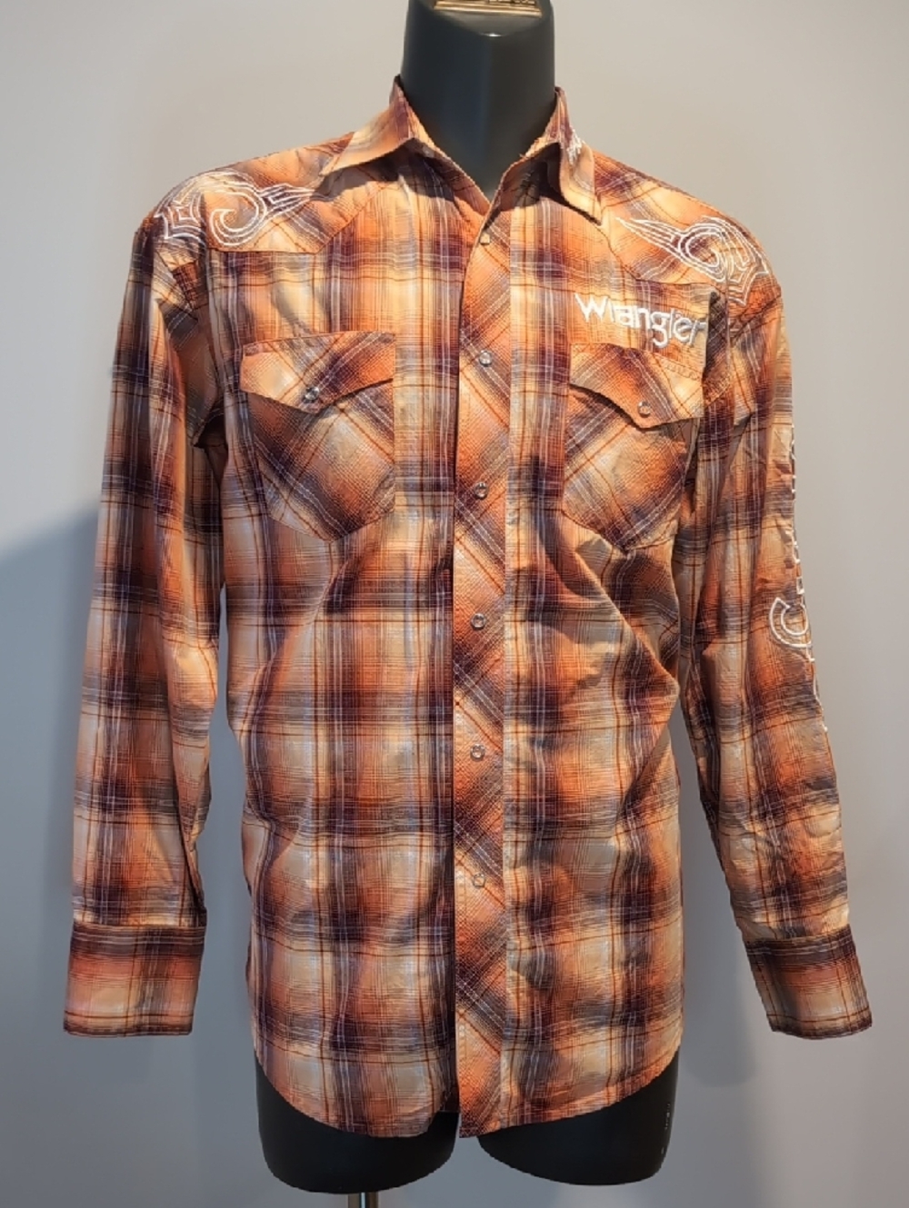 Wrangler Orange Plaid Button-Down Western Shirt Spell Out
